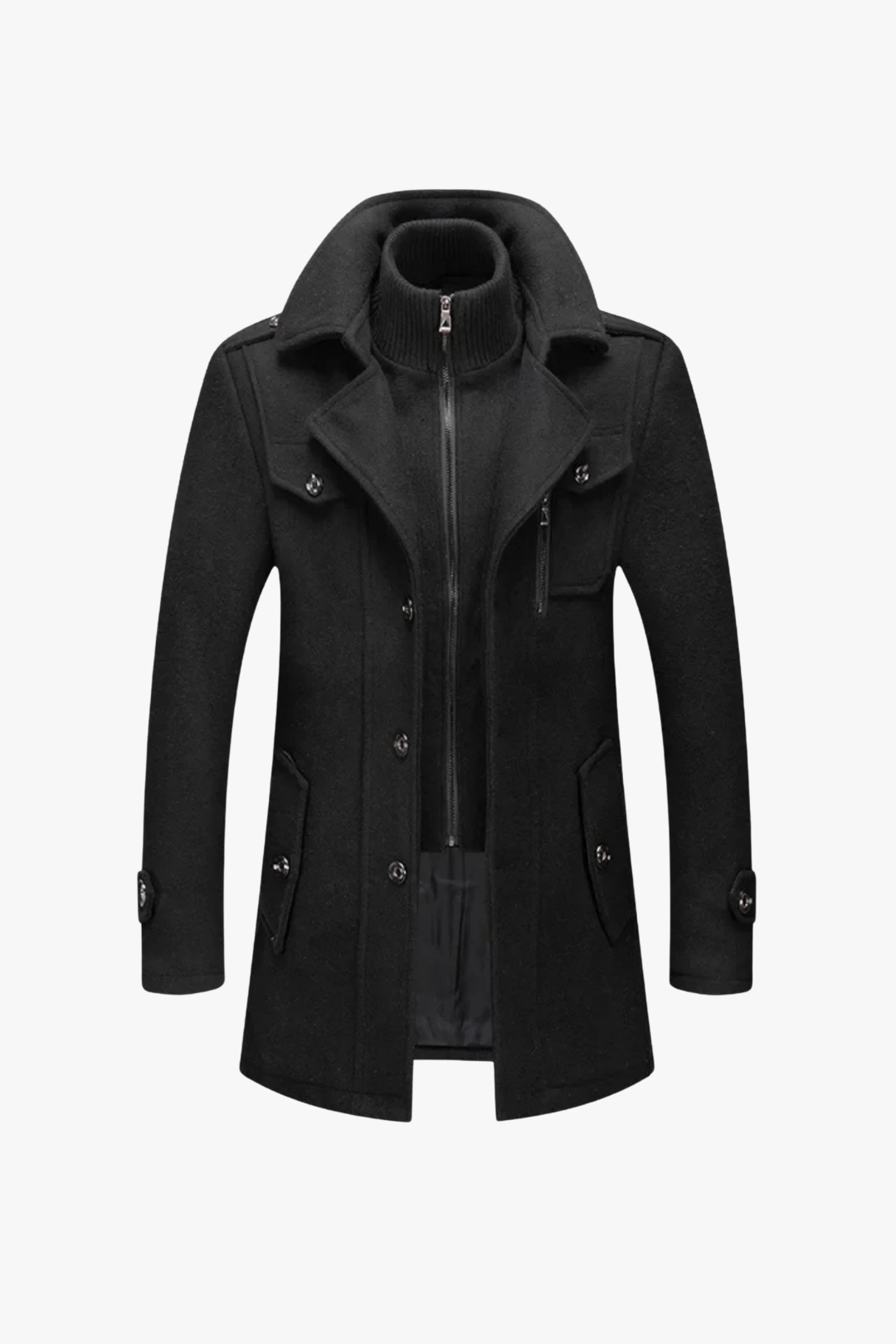 Black coat with a high collar on a white background