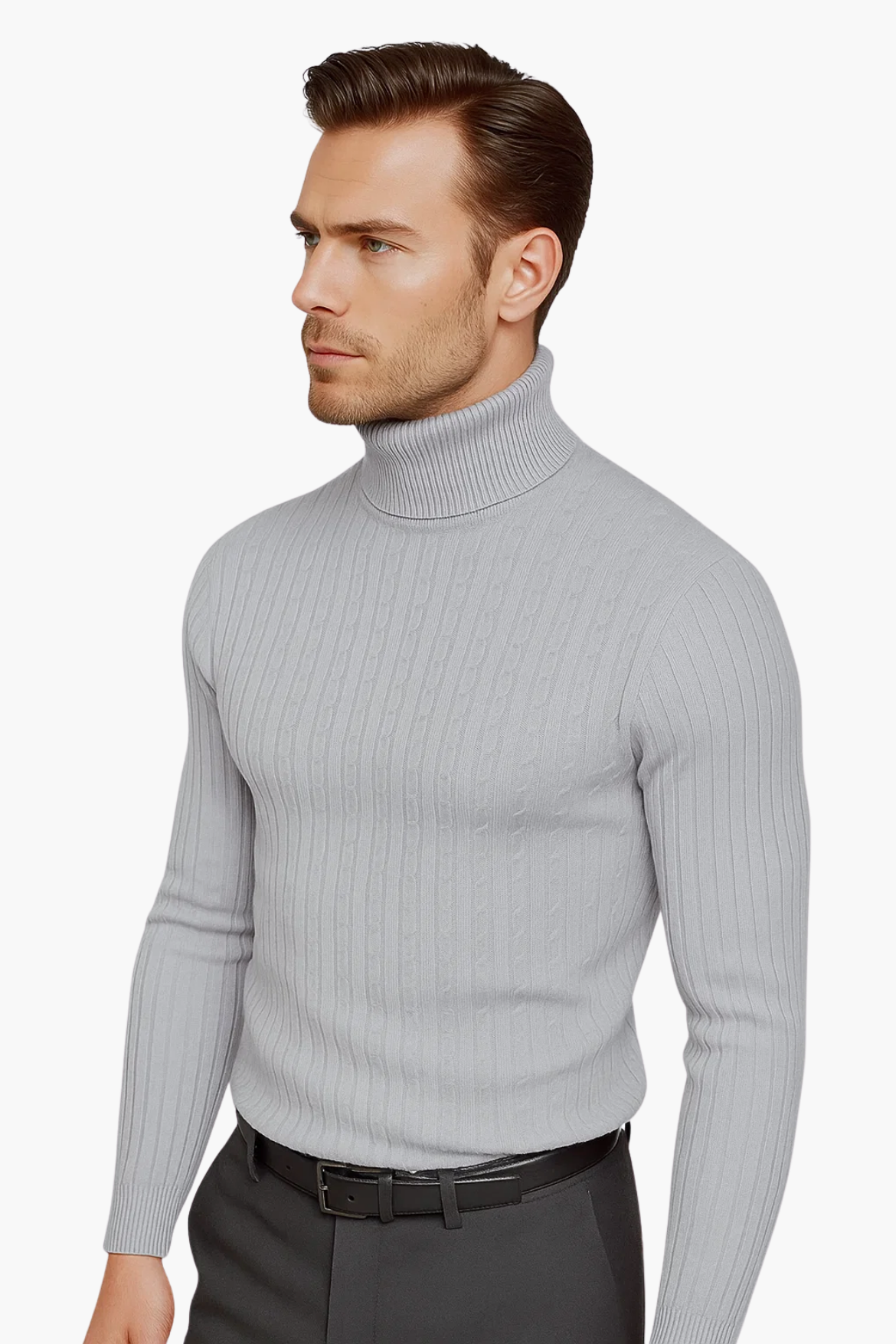 Man wearing a gray turtleneck sweater on a white background