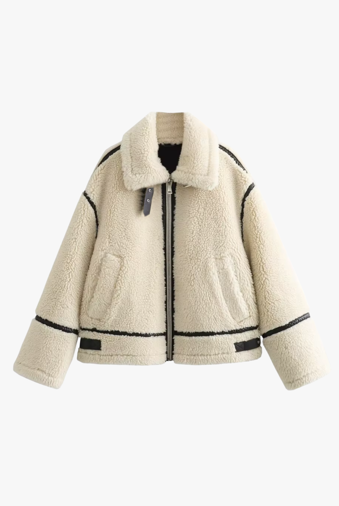 Women’s cream sherpa aviator jacket with black piping, zip front