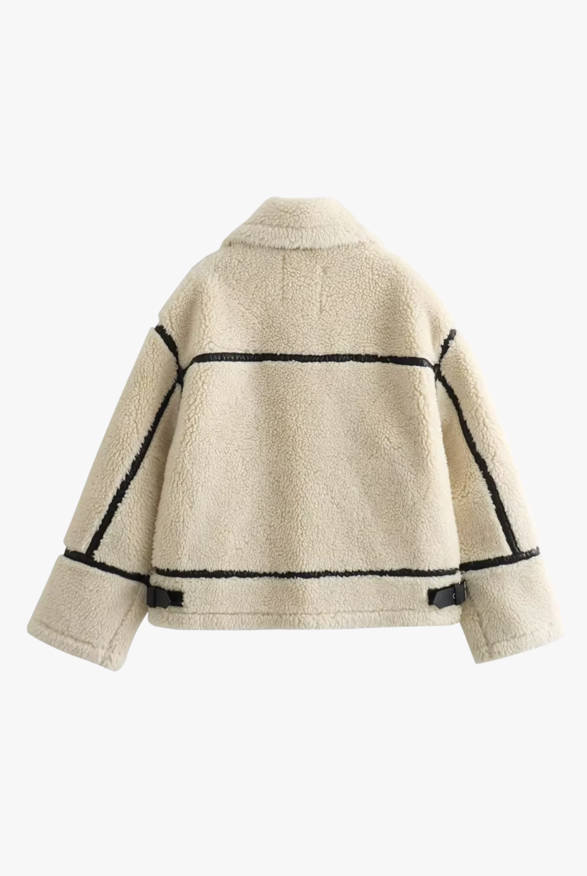 Back of cream teddy aviator jacket showing contrast piping lines