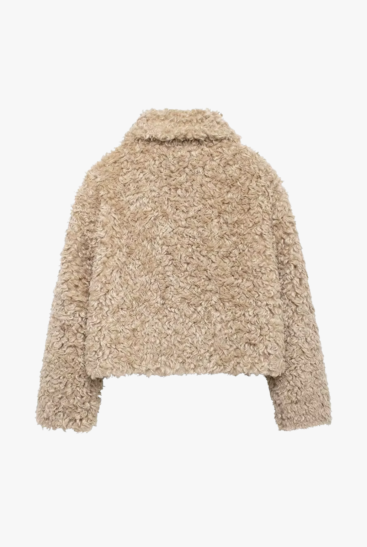 Back view—women’s camel curly teddy sherpa jacket, cropped boxy silhouette.
