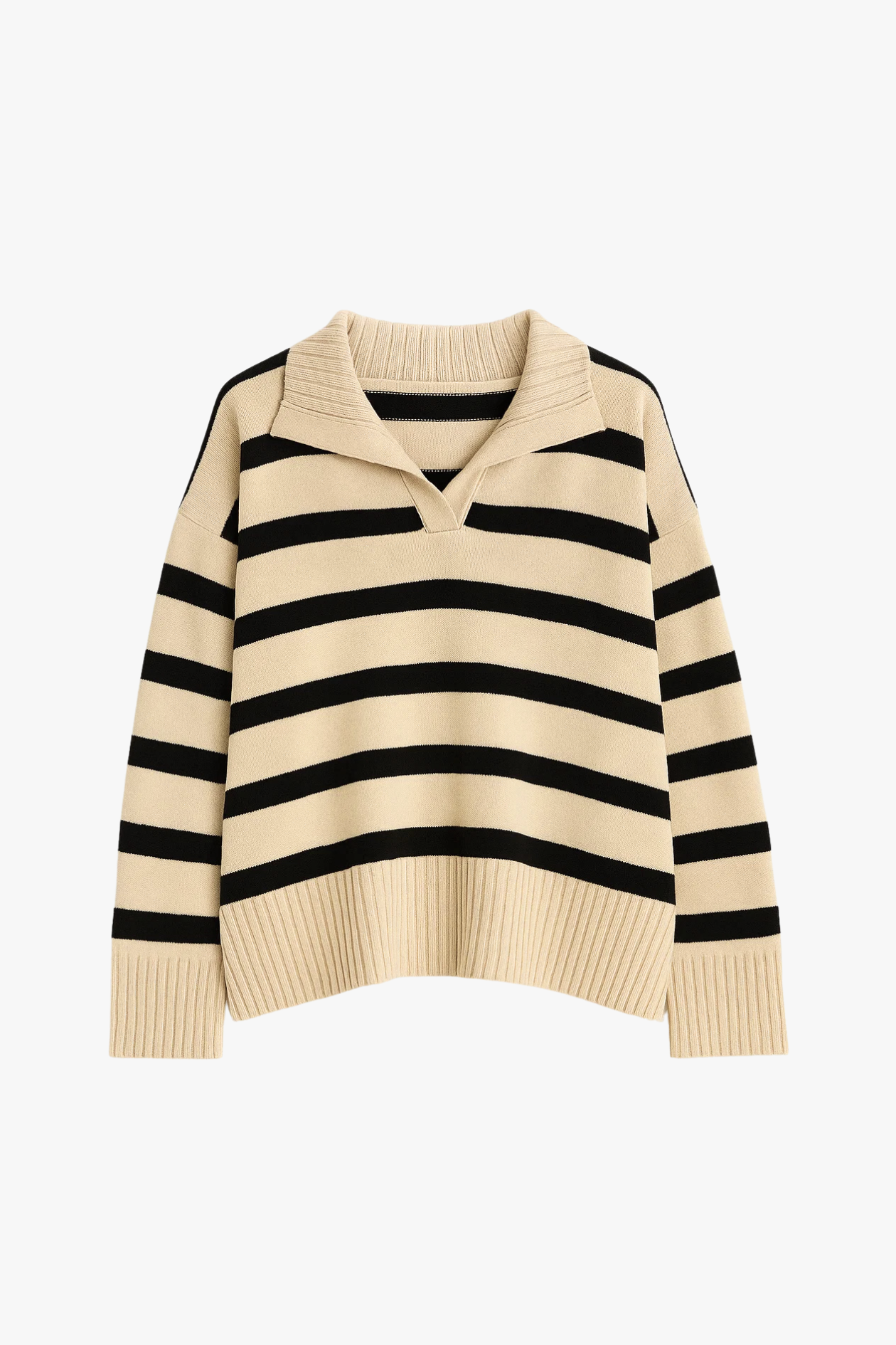 Women’s beige/black striped polo-collar sweater, front flat lay.