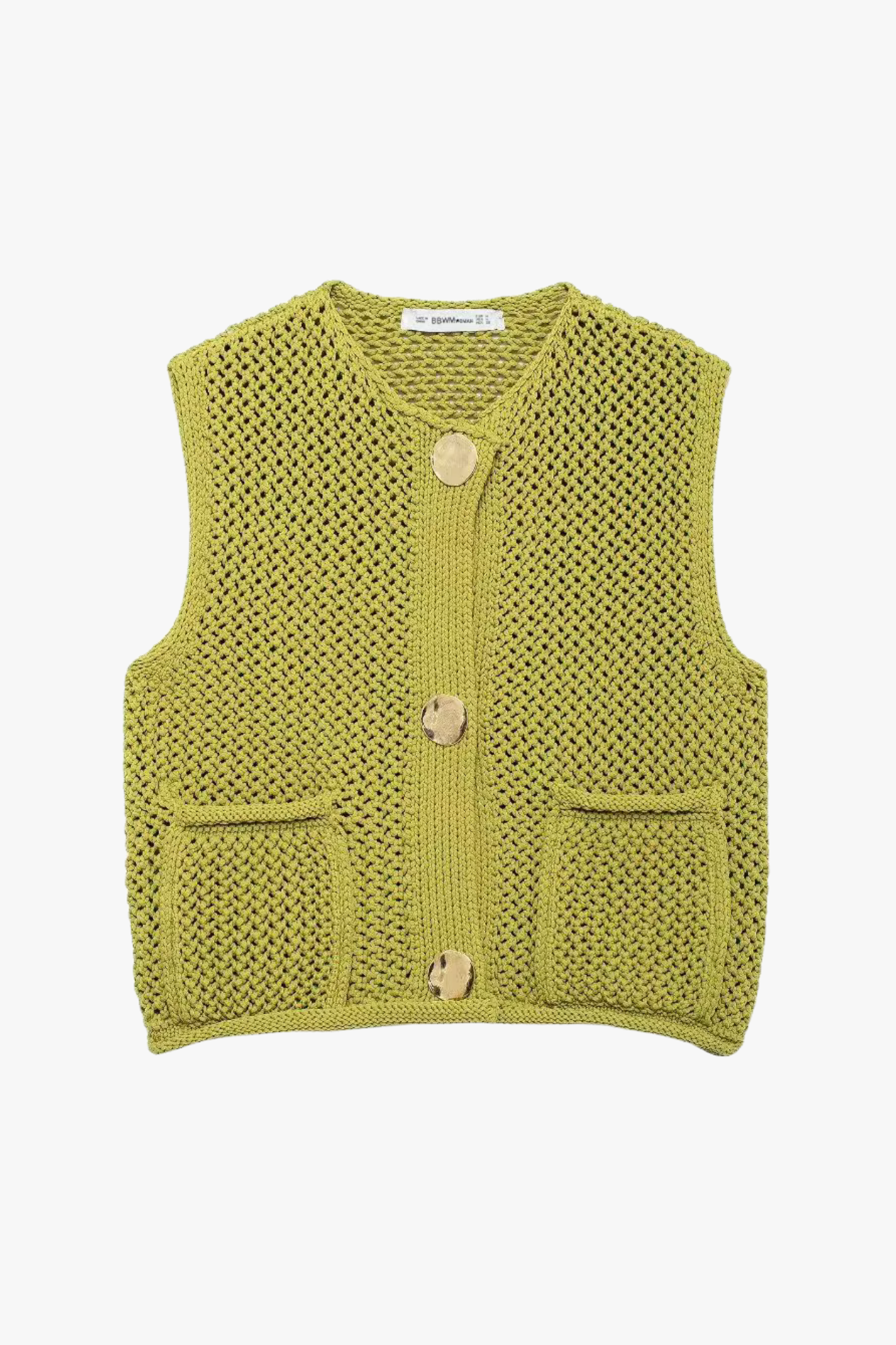 Green knitted vest with button details on a white background