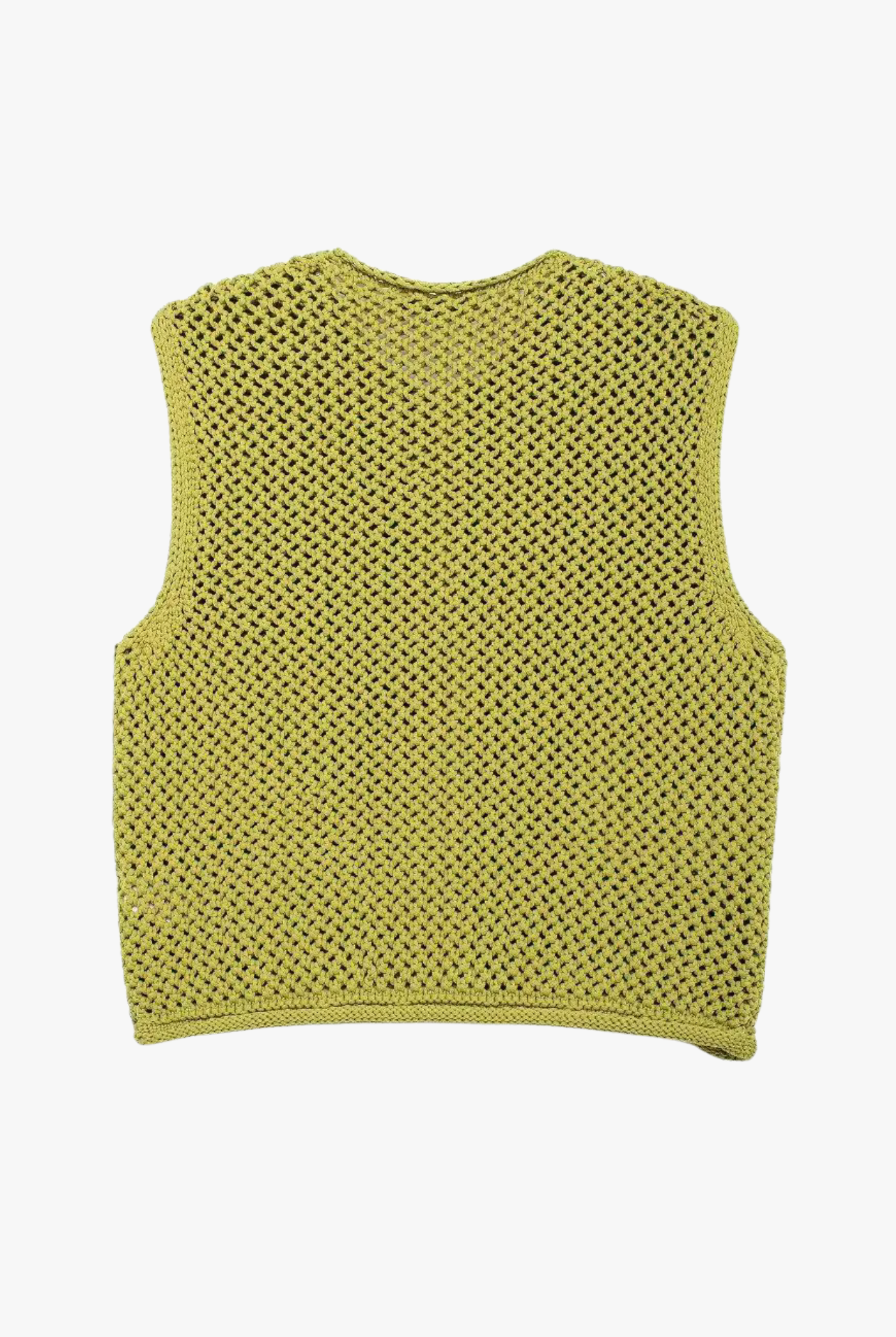Back side of a green knitted vest on a white background