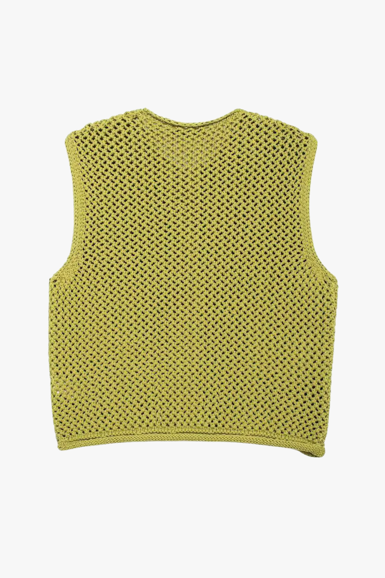 Back side of a green knitted vest on a white background