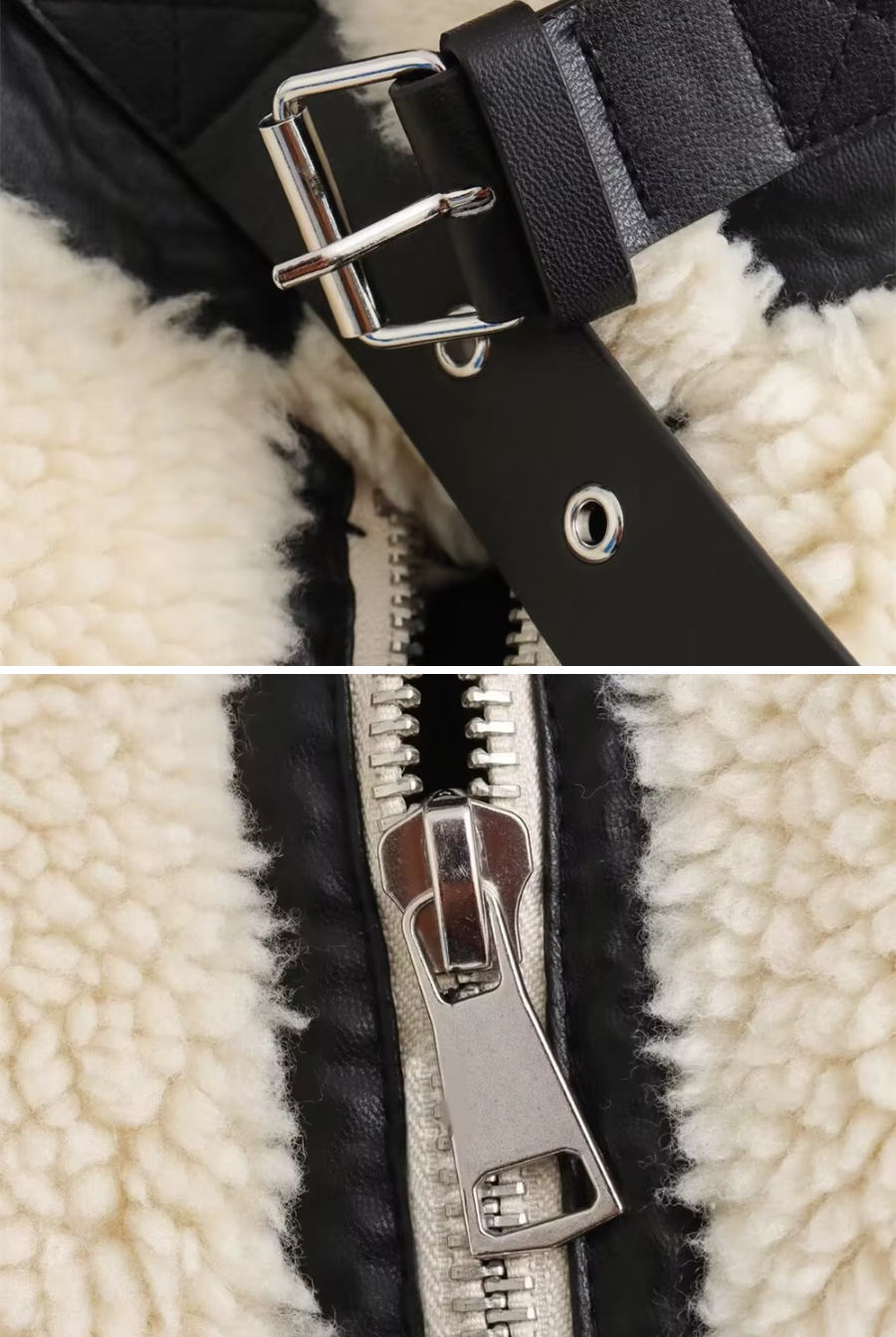 Silver buckle collar and metal zipper on faux-shearling jacket