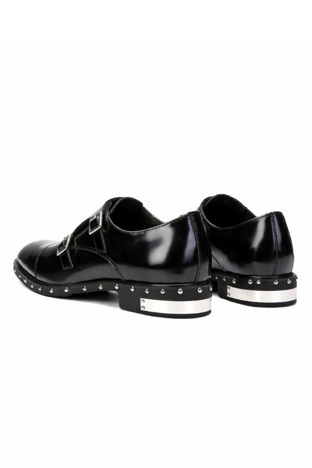 Men’s double monk strap leather shoes black studded sole formal designer dress shoes back view