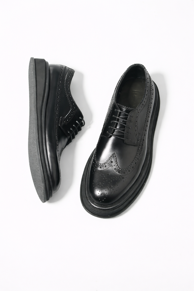 Men’s leather brogue shoes chunky sole height increasing black oxford dress shoes
