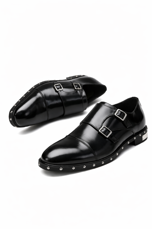 Men’s black double monk strap leather shoes black studded sole formal designer dress shoes