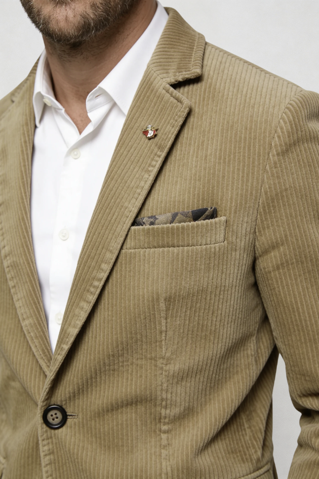 Men’s khaki corduroy blazer cotton structured smart casual tailored jacket textured blazer men close-up