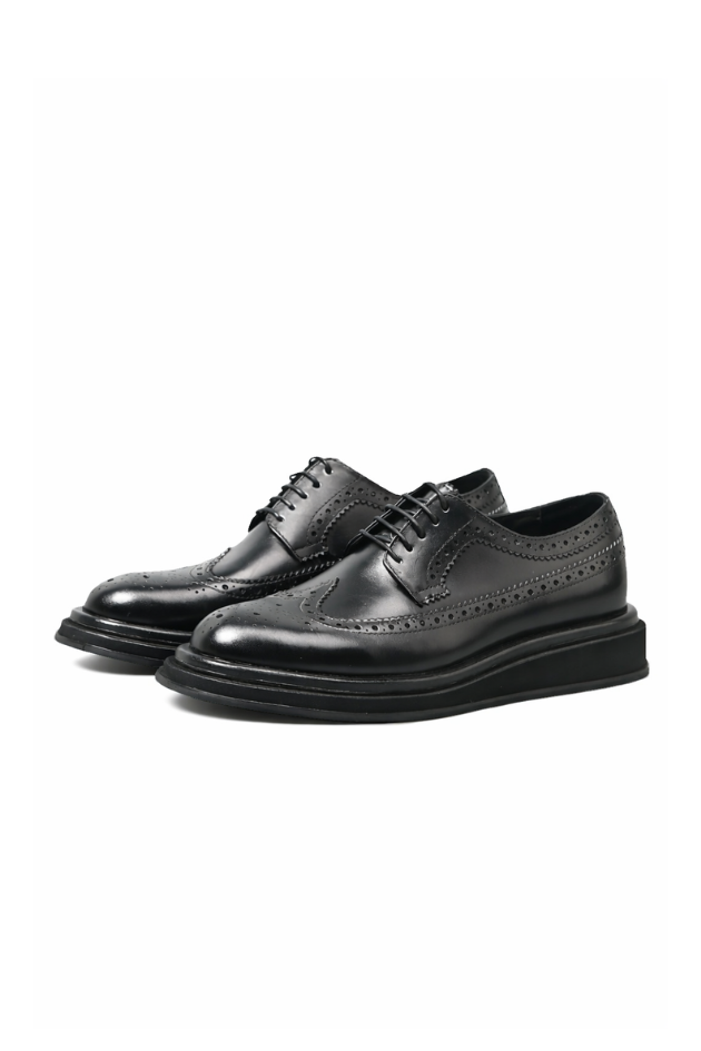 Men’s leather brogue shoes chunky sole height increasing black oxford dress shoes front view