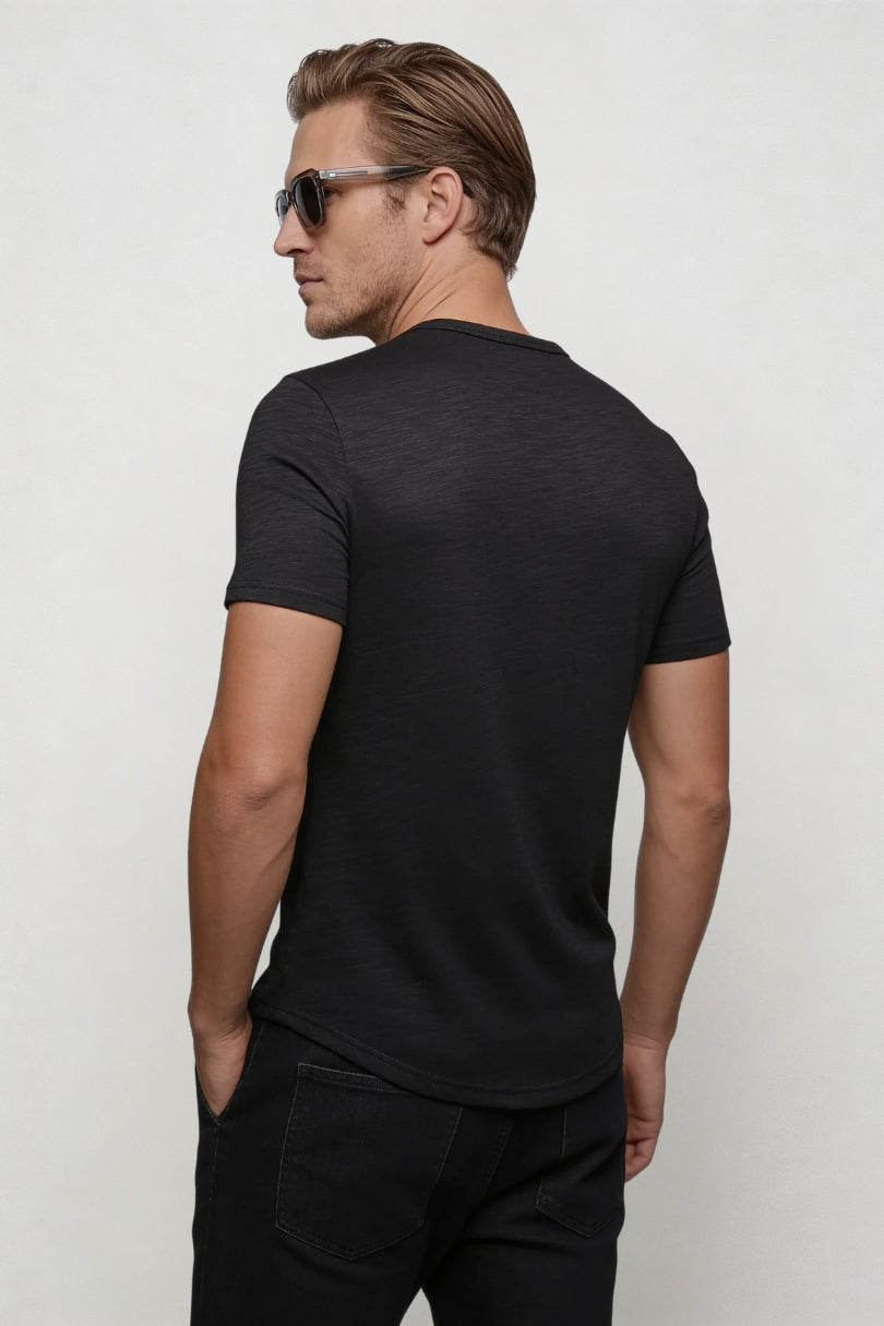 Men’s lightweight cotton blend henley shirt short sleeve breathable summer casual fitted tee in black back view
