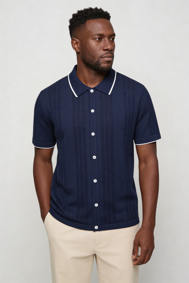 Men’s navy knit button shirt short sleeve breathable viscose summer shirt lightweight casual wear
