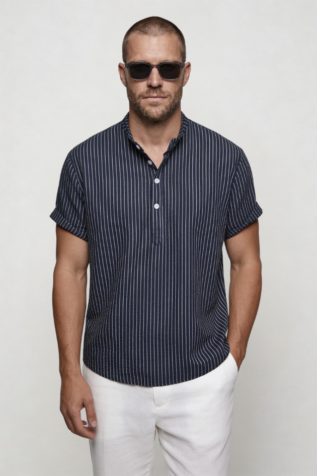 Men’s navy striped henley shirt cotton linen breathable lightweight summer short sleeve shirt