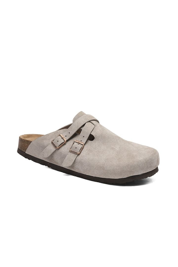 Men’s suede double-buckle clog sandals with adjustable straps and cushioned slip-on summer design in stone gray