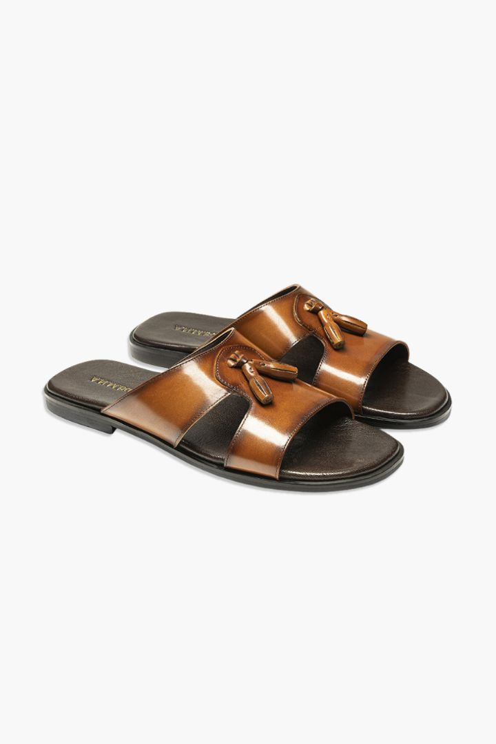 Bullock Tassel Leather Slides - Brown