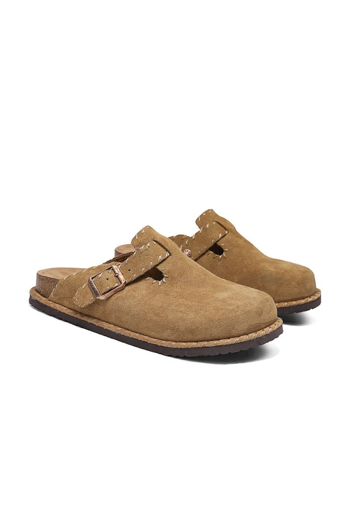 Suede Clog Sandals - Camel