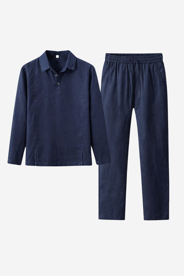 Navy blue shirt and pants set on a white background