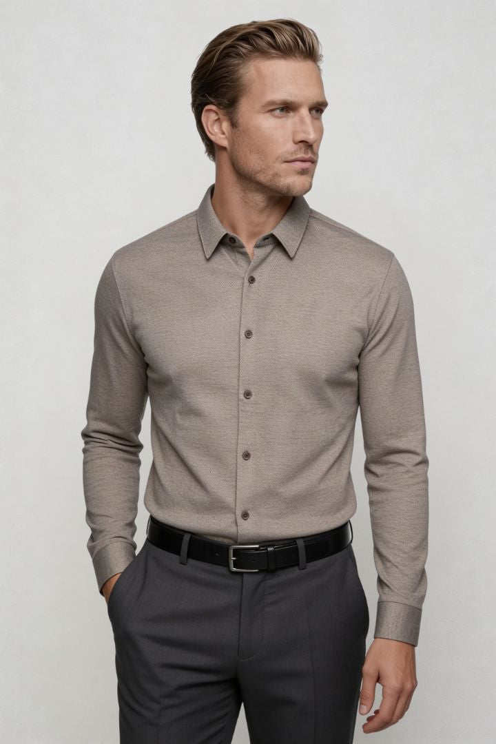 mens structured knit dress shirt taupe smart casual shirt front view