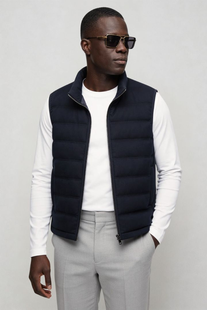 mens navy down puffer vest lightweight insulated gilet posing