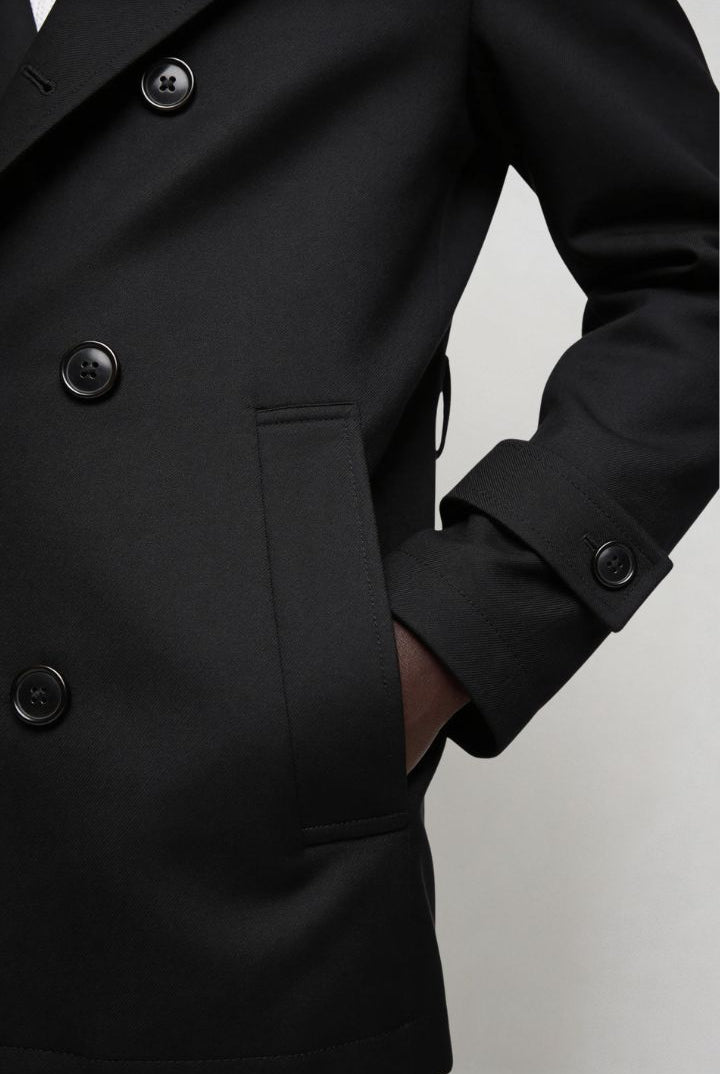 Men’s black double breasted trench coat close-up view