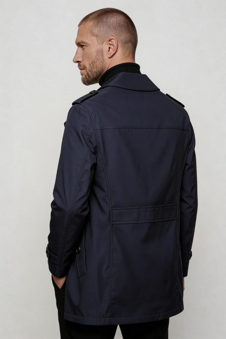 men’s navy mid-length tailored coat smart casual trench jacket structured fit back view