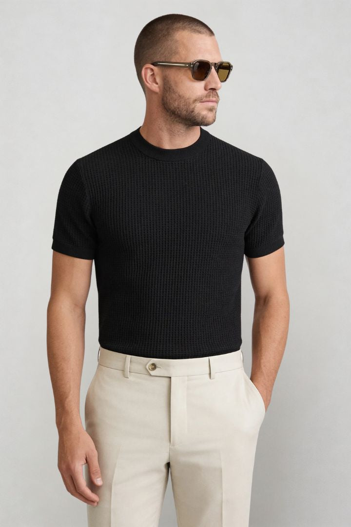 Lavencio Men’s slim fit textured cotton knit short sleeve t-shirt in cream black front