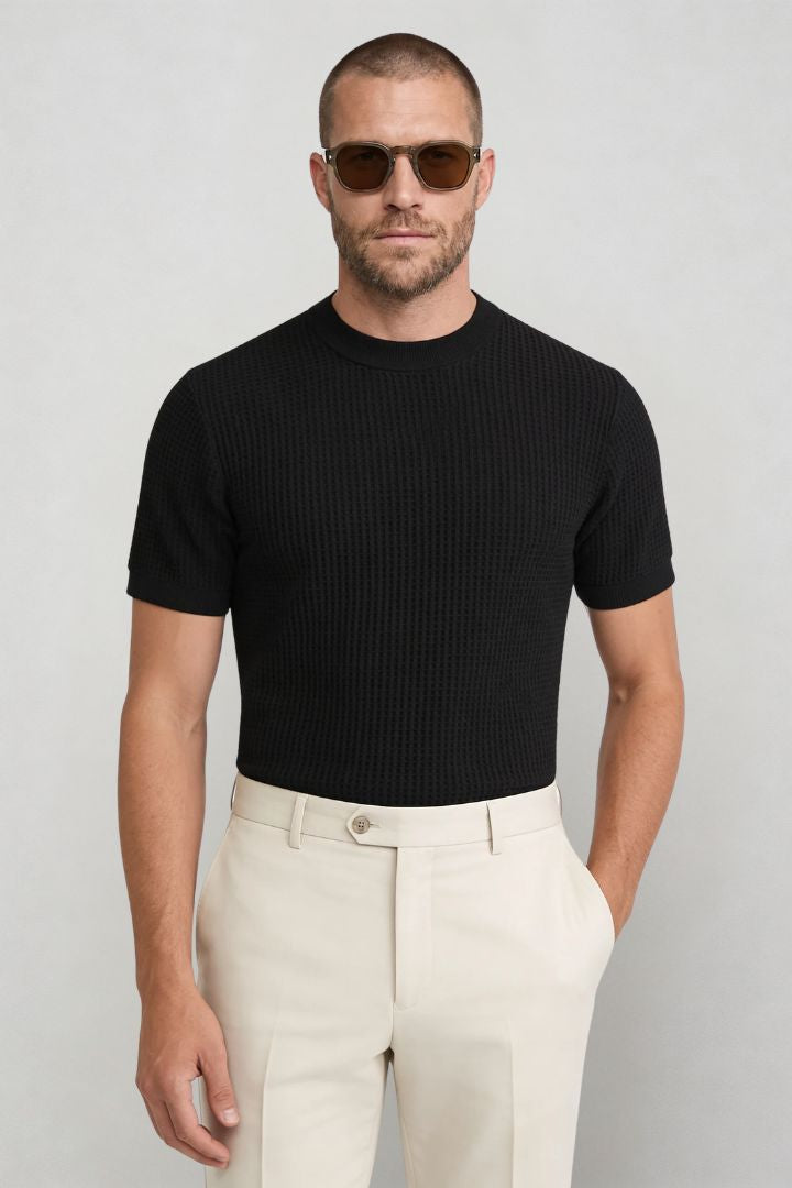 Lavencio Men’s slim fit textured cotton knit short sleeve t-shirt in cream black