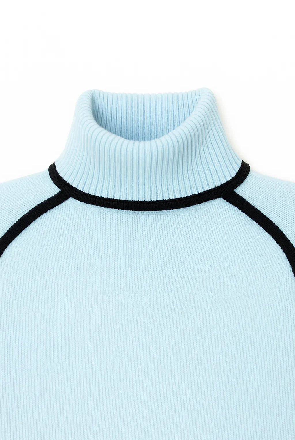 Light blue turtleneck sweater with black ribbed trim on a white background