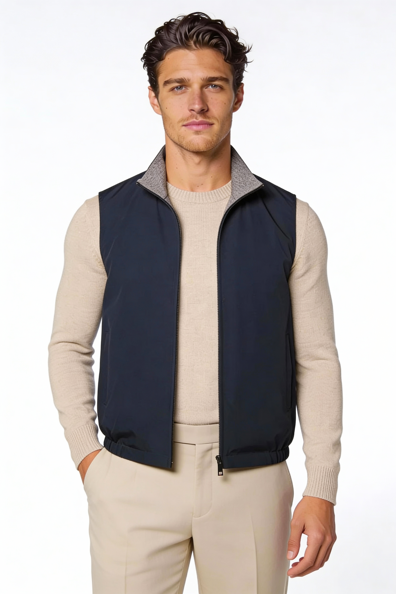 Men wearing a premium reversible lightweight vest with a clean, tailored fit, designed for versatile everyday layering.