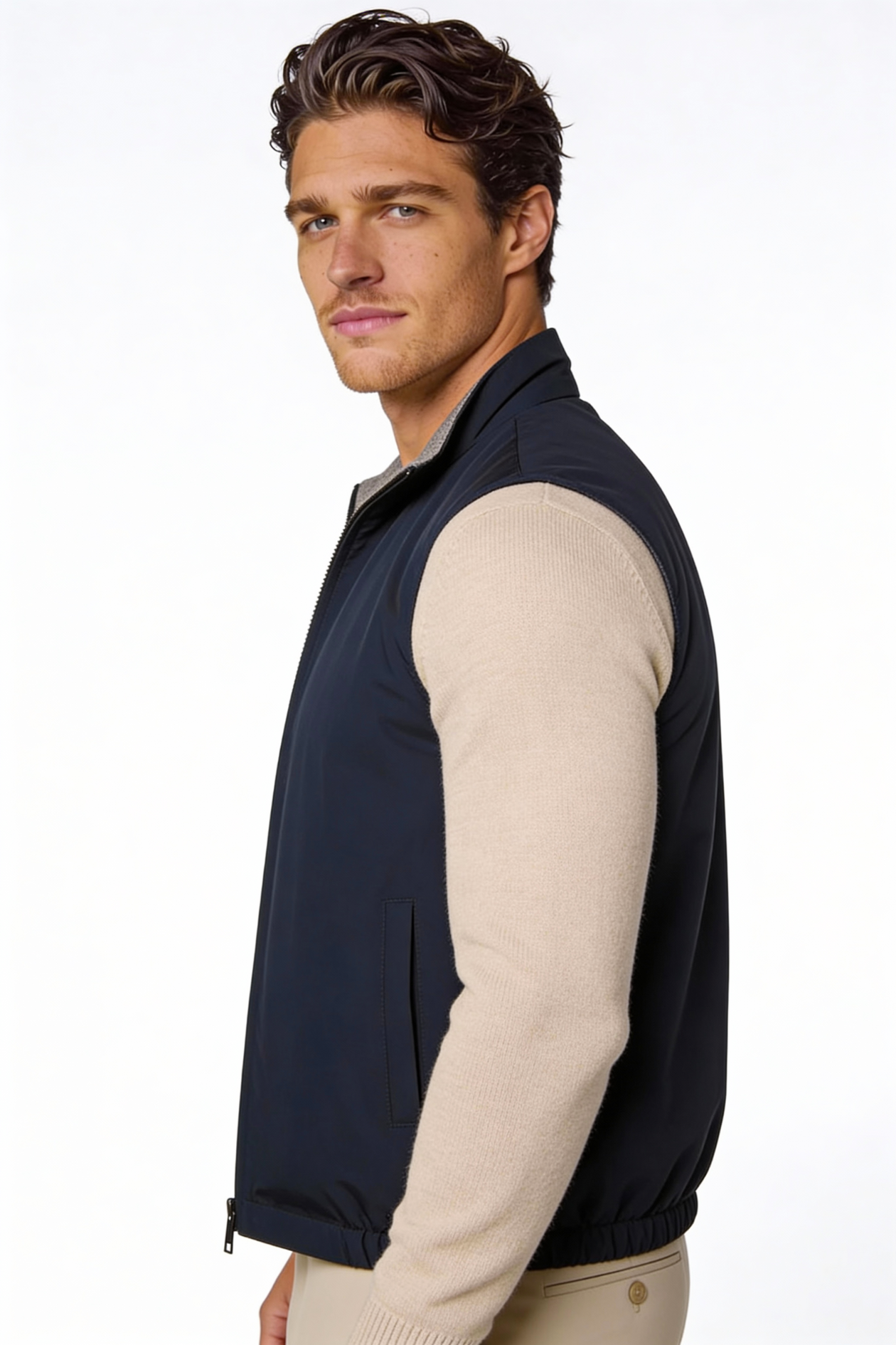 Men wearing a premium reversible lightweight vest with a clean, tailored fit, designed for versatile everyday layering.