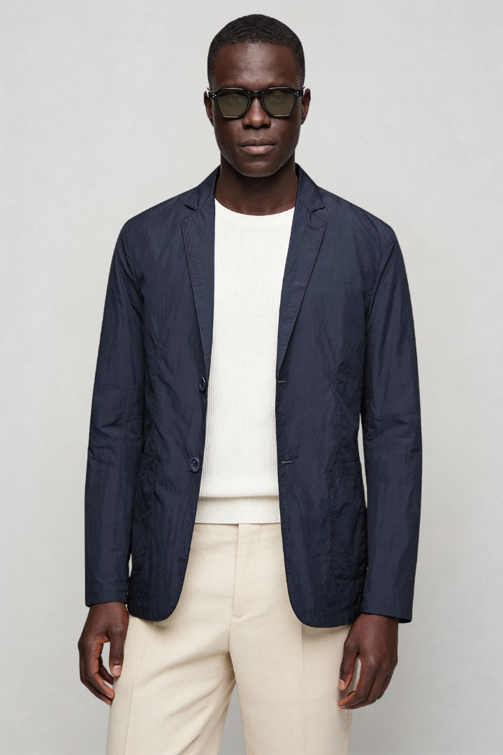 Mens lightweight navy blazer jacket front view