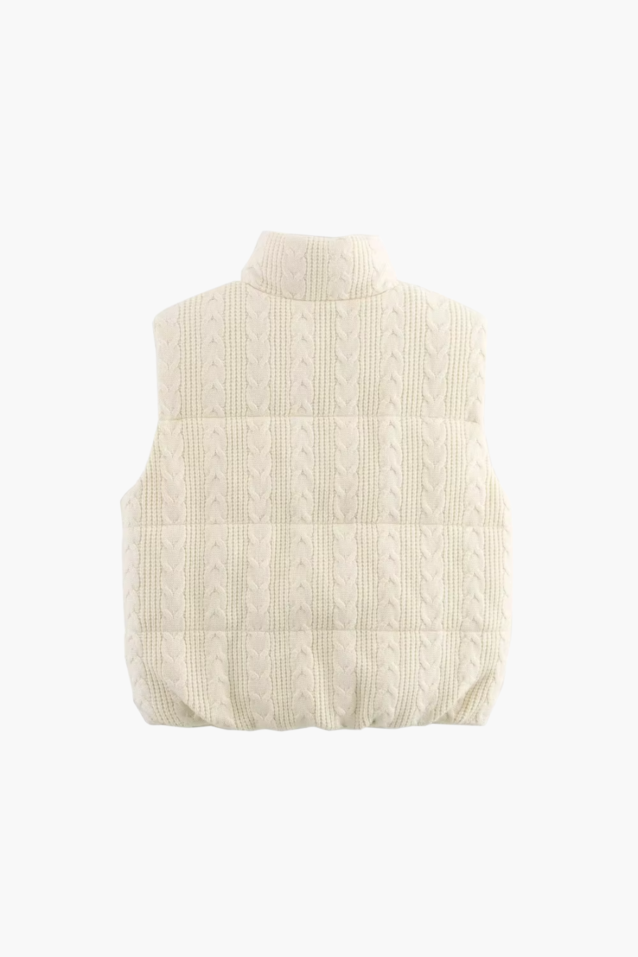 Cream-colored cable knit vest on a white background