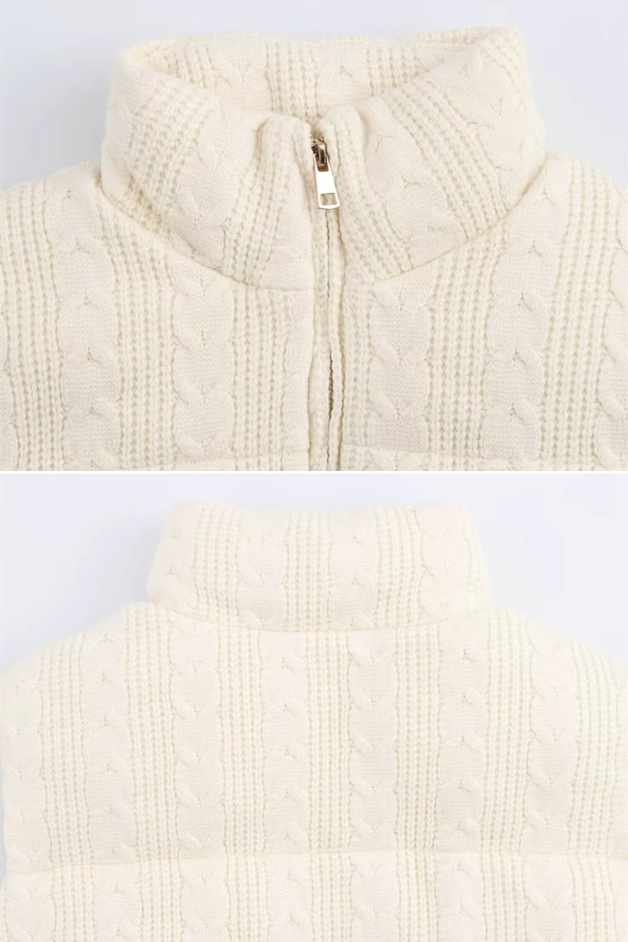 Close-up of a cream-colored cable knit vest with a zipper on a light gray background.