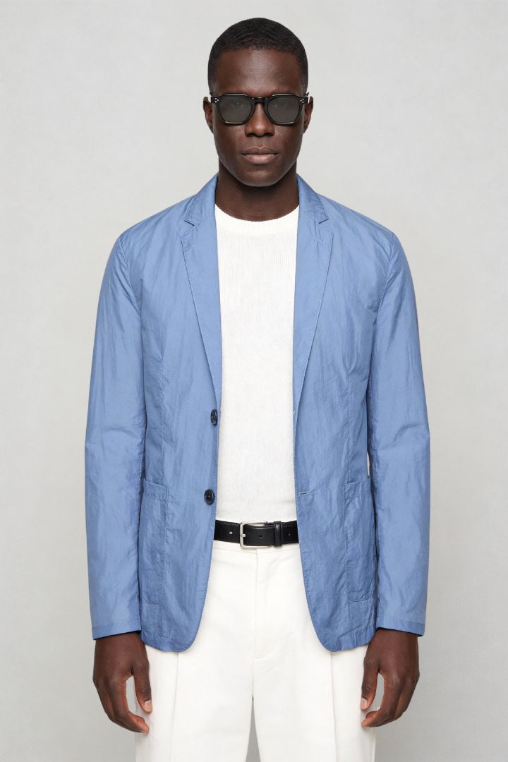 Mens lightweight light blue blazer jacket front view