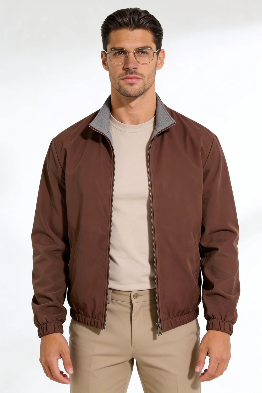 Men wearing a premium reversible brown lightweight jacket with a clean, tailored fit, designed for versatile everyday layering.