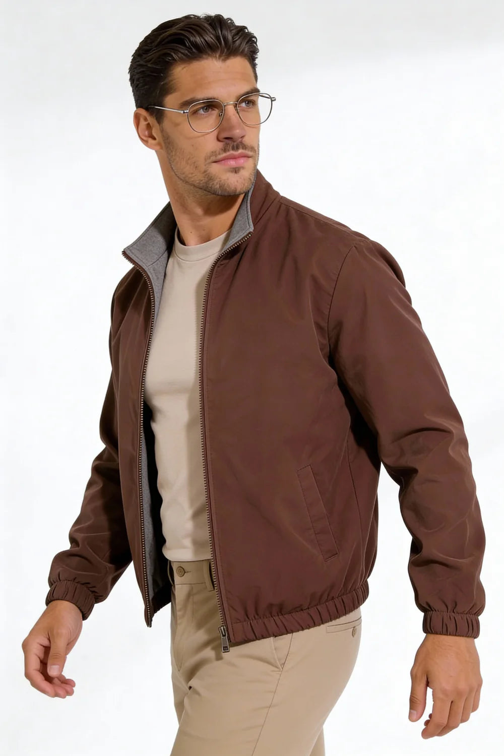Men wearing a premium reversible brown lightweight jacket with a clean, tailored fit, designed for versatile everyday layering.