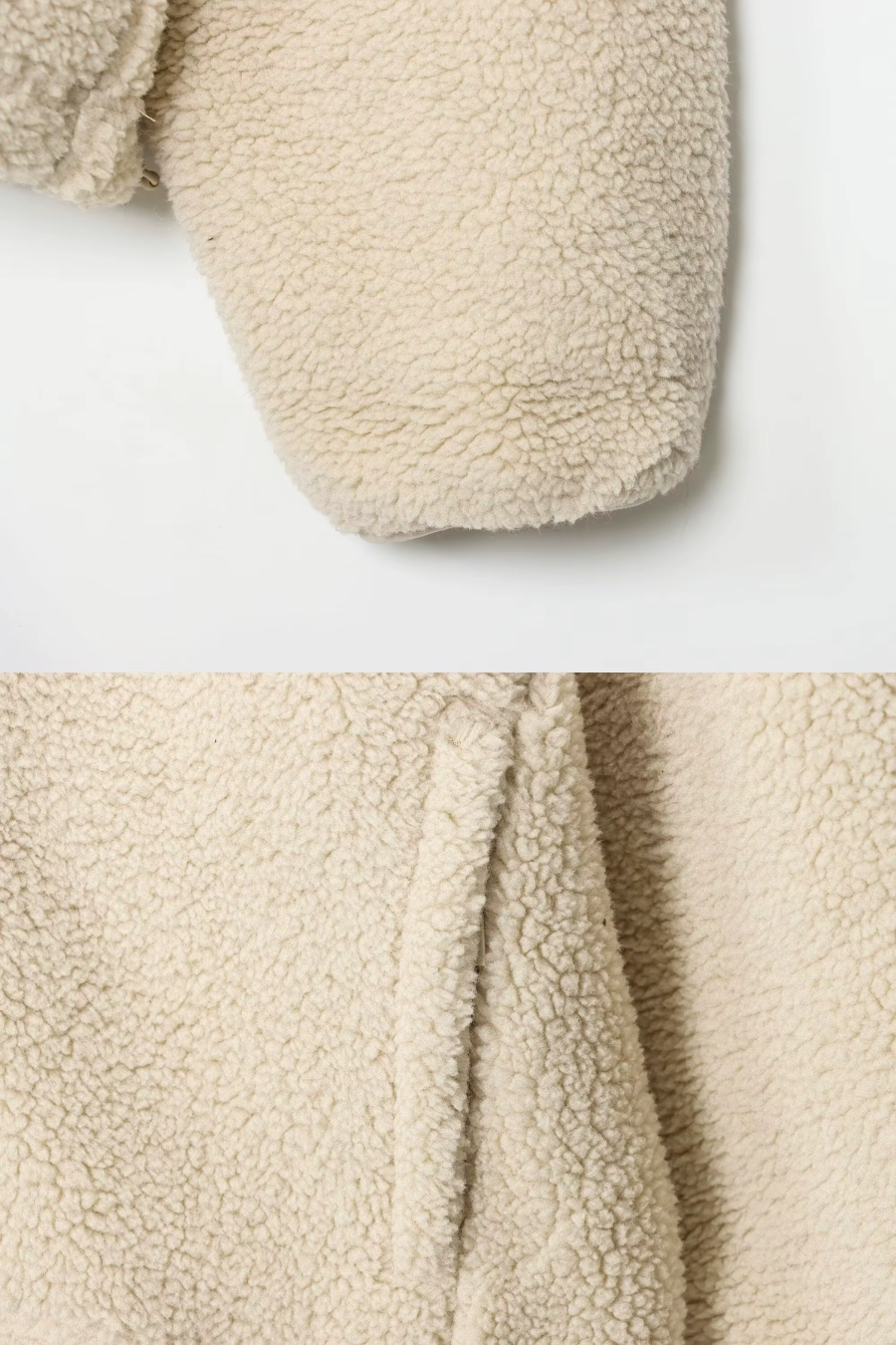 Close-up of cream teddy fleece sleeve and side pocket