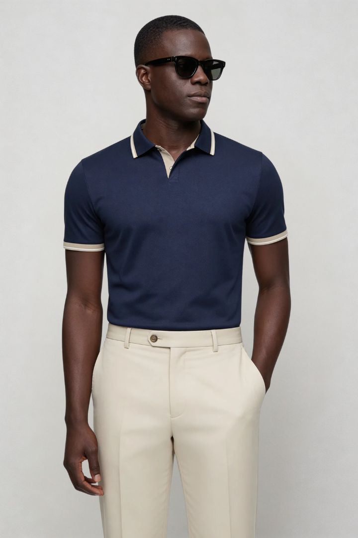 Men’s tailored summer polo shirt with contrast collar and breathable stretch fabric for modern casual style front view