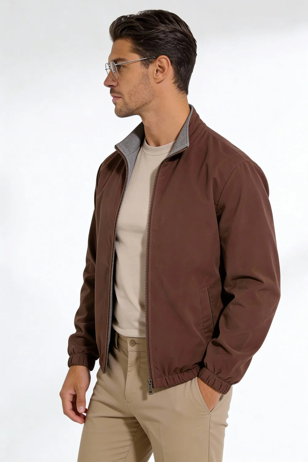 Men wearing a premium reversible brown lightweight jacket with a clean, tailored fit, designed for versatile everyday layering.