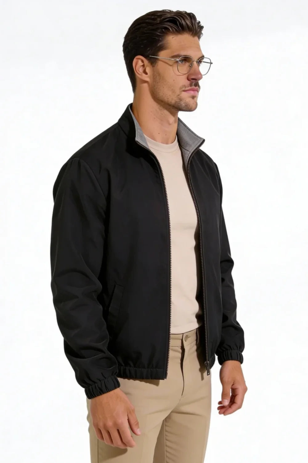 Men wearing a premium reversible lightweight jacket with a clean, tailored fit, designed for versatile everyday layering.