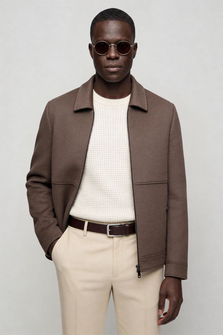 Mens brown wool blend zip jacket front view