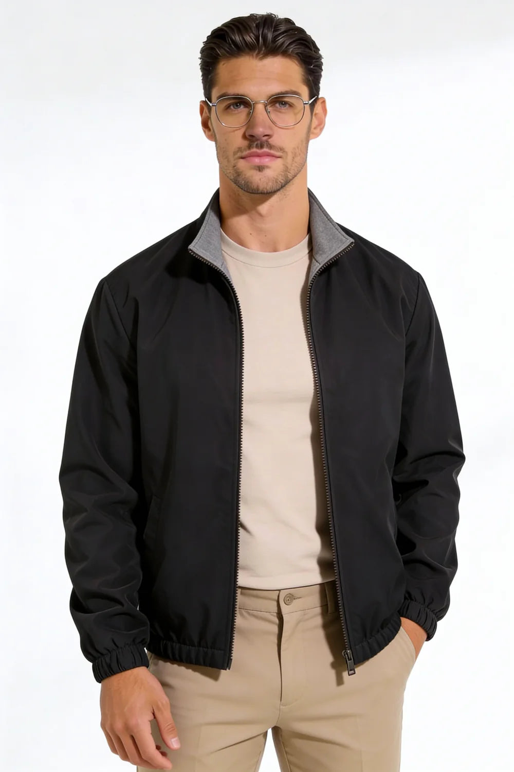 Men wearing a premium reversible lightweight jacket with a clean, tailored fit, designed for versatile everyday layering.