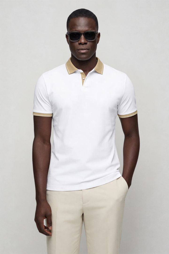 Men’s tailored summer polo shirt with contrast collar and breathable stretch fabric for modern casual style in white front view