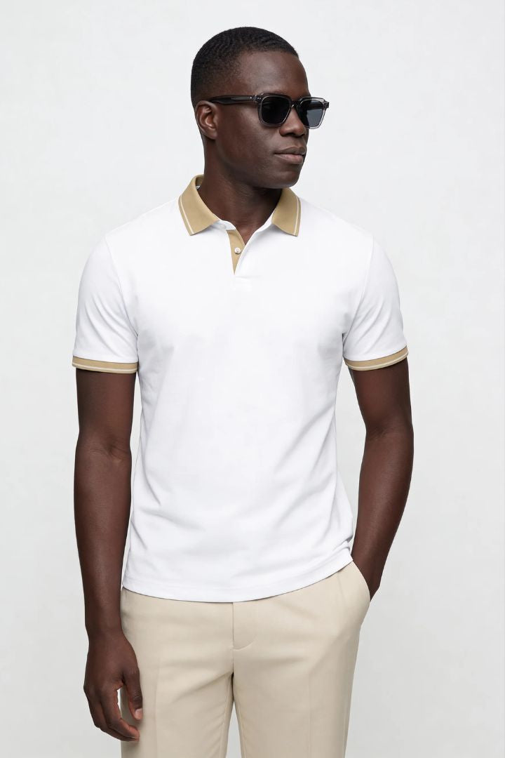 Men’s tailored summer polo shirt with contrast collar and breathable stretch fabric for modern casual style in white