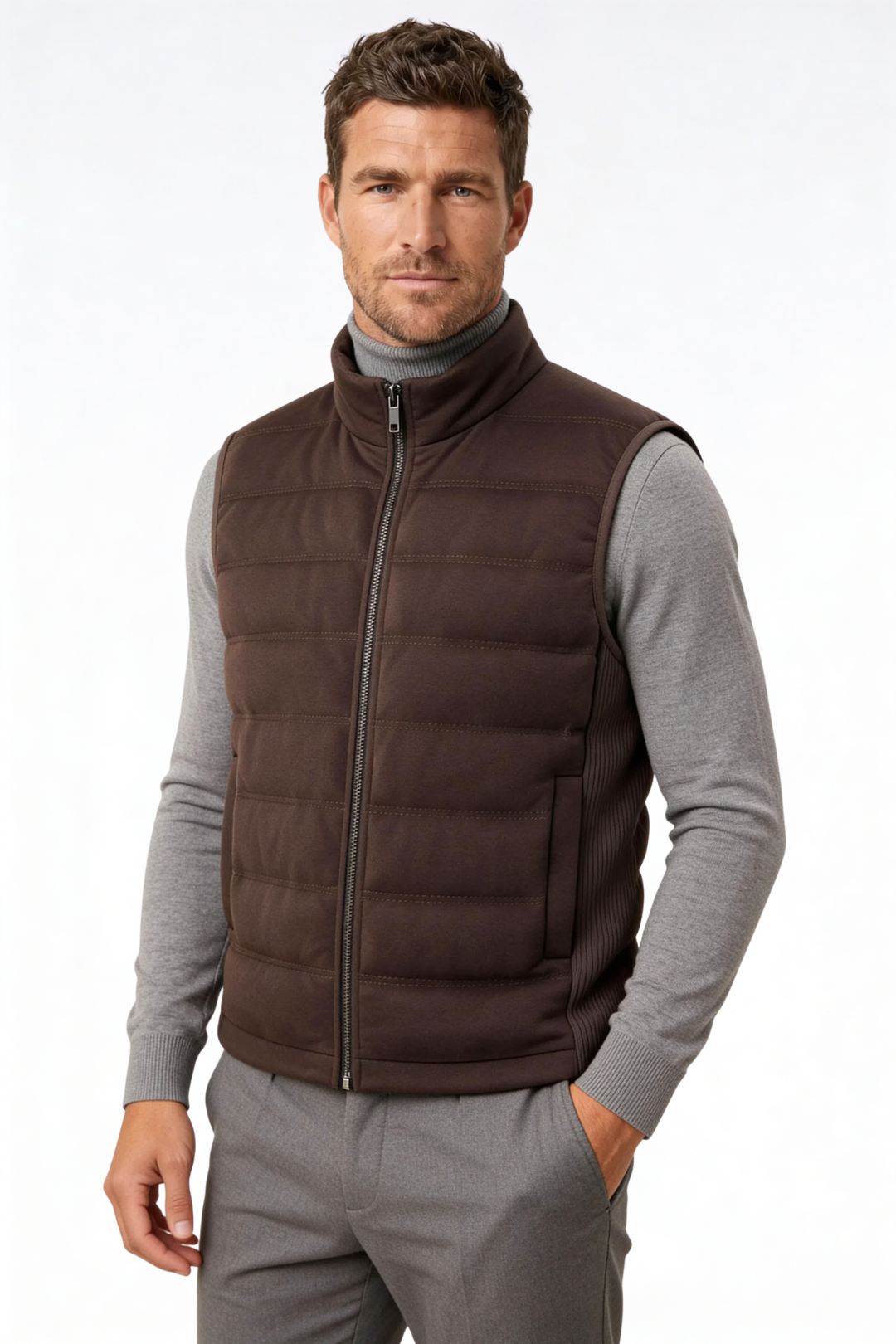 Man wearing the brown insulated puffer vest of Lavencio