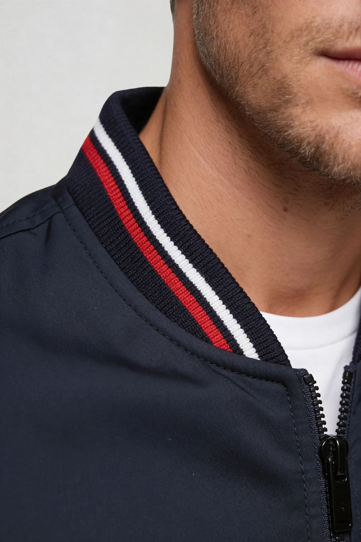 Kingsley Lightweight Zip Jacket – Navy Polyester Bomber – Contrast Rib Detail – Modern Fit – Close-up View