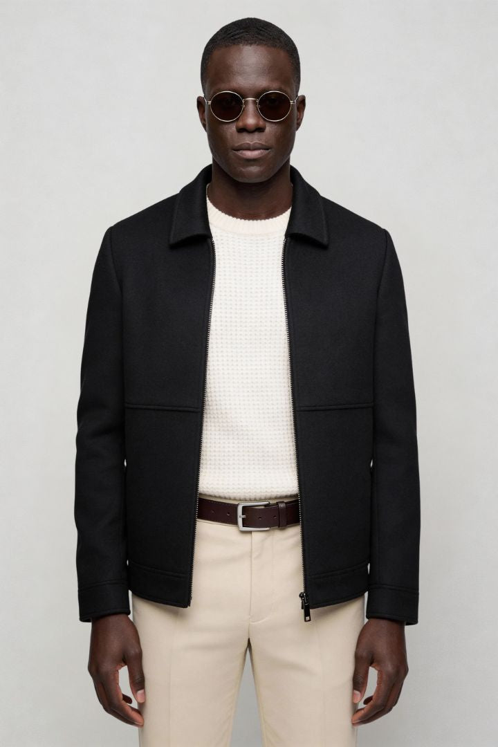 Mens black wool blend zip jacket front view