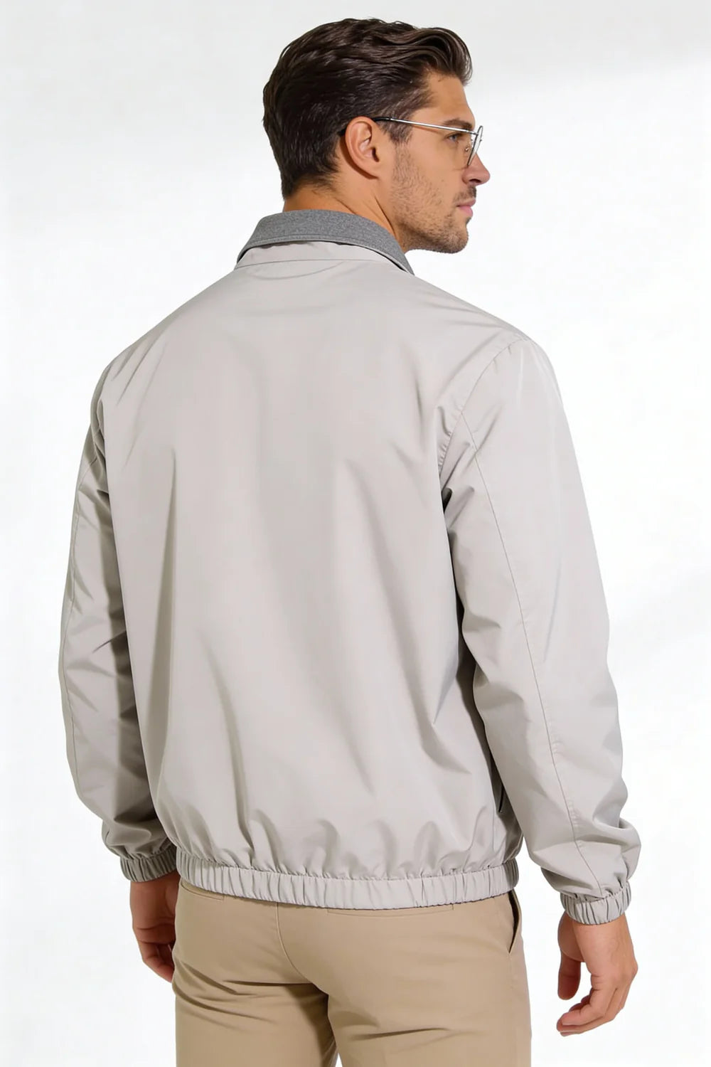 Men wearing a premium reversible gray lightweight jacket with a clean, tailored fit, designed for versatile everyday layering.