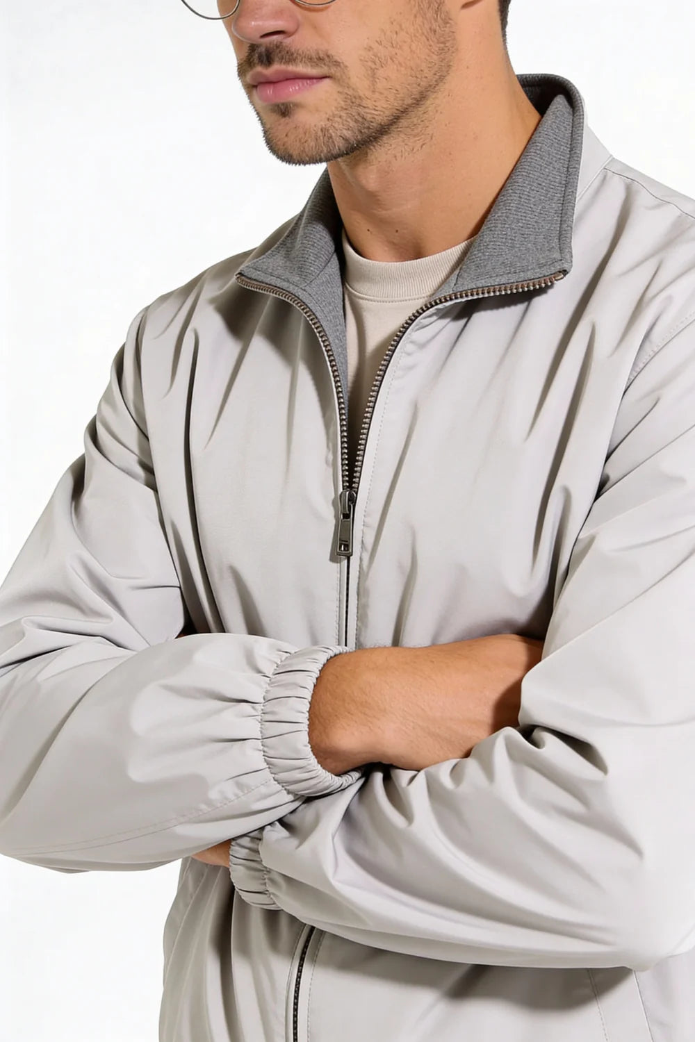 Men wearing a premium reversible gray lightweight jacket with a clean, tailored fit, designed for versatile everyday layering.